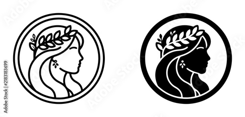 Elegant Goddess Profile Vector Icons, Laurel Wreath and Flowing Hair, Classic Female Silhouette, Vintage Beauty Emblem, Black and White Line Art