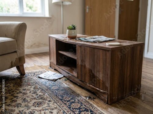 Water Damaged Wooden Coffee Table and Floor in a Living Room