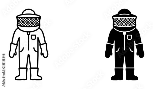 Beekeeper Suit Icon Set, Protective Apparel Vector Graphics, Apiary Work Gear Illustrations, Black and White Farm Equipment Symbols