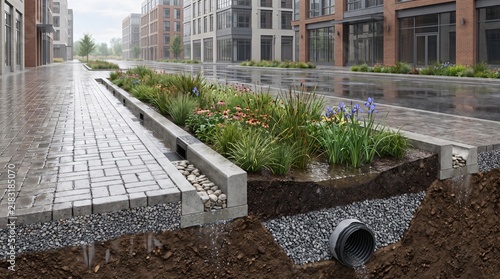 Urban stormwater management infrastructure with bioswale landscaping, permeable pavement and underground drainage systems for climate resilient sustainable city development and flood mitigation