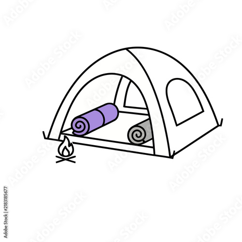 Tent with sleeping bags and campfire icon