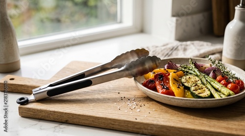 Freshly baked pizza with colorful toppings on wooden board.