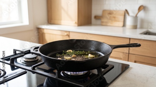 Modern kitchen with cast iron skillet on stovetop.