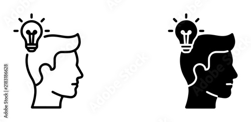 Human Head Silhouette with Lightbulb Idea Icon, Concept of Innovation and Creativity, Vector Art Set