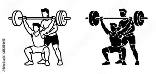 Weightlifting Training Pair, Fitness Coaching Icons, Strength Exercise Silhouette, Gym Workout Duo, Athletic Support Vector