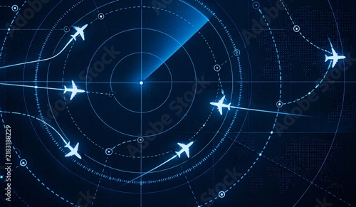 Digital air traffic control radar screen display with airplanes flight paths