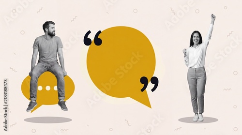 Young diverse people engaging in conversation with speech bubbles, social interaction