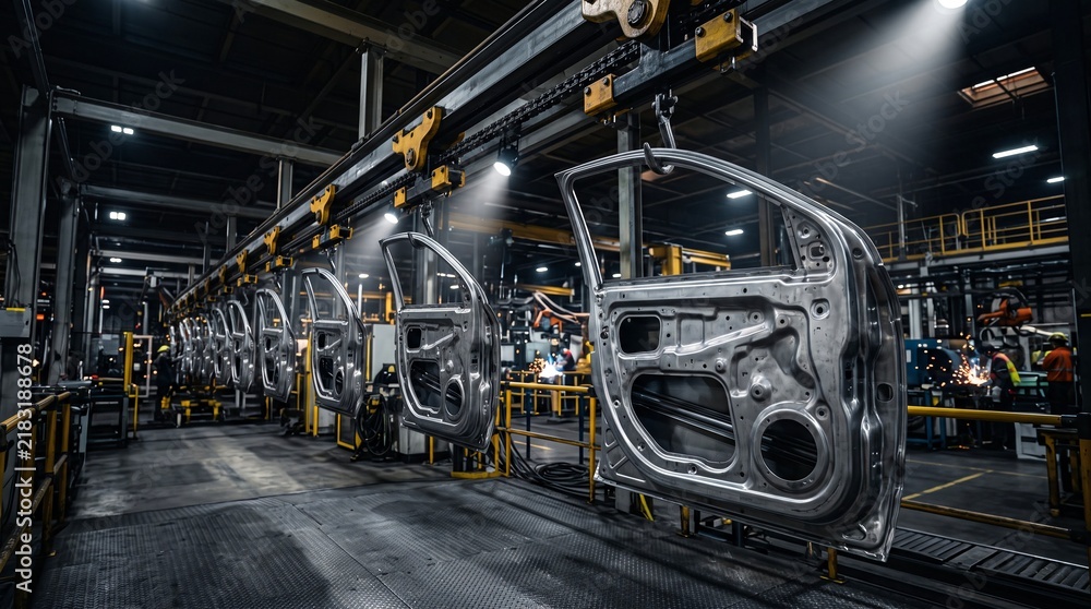 Fototapeta premium Automated conveyor system moving metal car doors on production line in automotive plant. Vehicle assembly workshop and machinery supporting transportation logistics for service industry.
