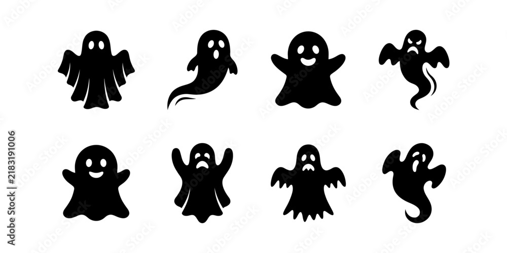 Obraz premium Collection of eight black ghost silhouettes with various facial expressions isolated on white background. Ideal for Halloween and spooky graphic design.