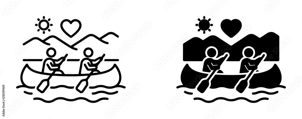 Fototapeta premium Canoeing Couple Icons, Romantic Outdoor Activity, Love and Adventure Vector Graphics, Two People Rowing Boat
