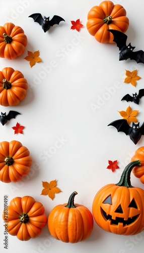 An autumnal Halloween scene featuring pumpkins adorned with small orange flags shaped like bats, arranged in a circular pattern around the text 