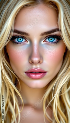 A young woman with striking blue eyes and light skin tone. Her hair is blond with highlights that add depth and dimension to her appearance