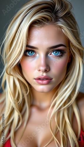 A woman with striking blue eyes and long blonde hair. She is seen posing for a portrait with her gaze directed off to the side