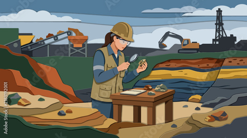 Female geologist examining mineral rock sample at mining and oil field site with heavy machinery