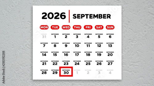 Картината върху платно Red cursor highlighting September 30th on a 2026 wall calendar page