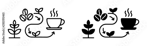 Coffee Bean to Cup Cycle Icons: Plant Growth, Beans, and Hot Beverage Icons, illustrating the coffee production process and journey from farm to mug.