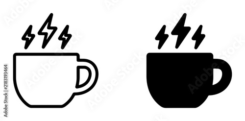 Hot Coffee Cup Icon Set, Energy Drink Symbol, Caffeine Boost Graphic, Morning Beverage Vector Art, Black and White Design Elements