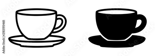 Simple Coffee Cup and Saucer Icons, Black and White Vector Graphics for Beverage Service and Cafe Branding