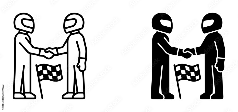 Obraz premium Racing icons, two drivers shaking hands with checkered flag, representing partnership, agreement, and victory in motorsport competitions.
