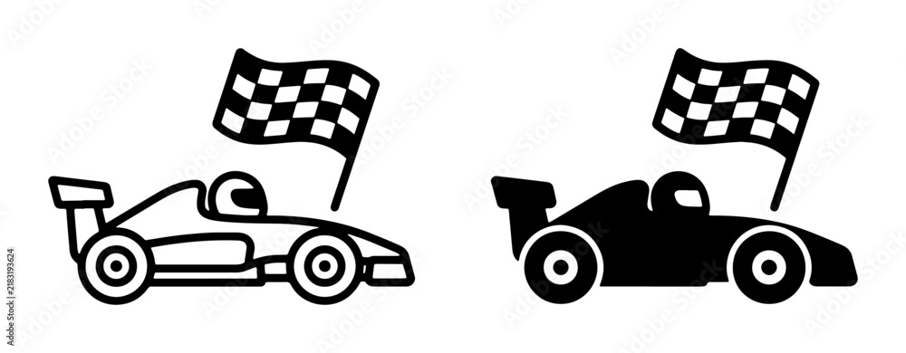 Obraz premium Formula 1 Racing Car Icons, Checkered Flag Victory Symbol, Speed Competition Vector Graphics, Motorsport Victory Celebration, Two Styles