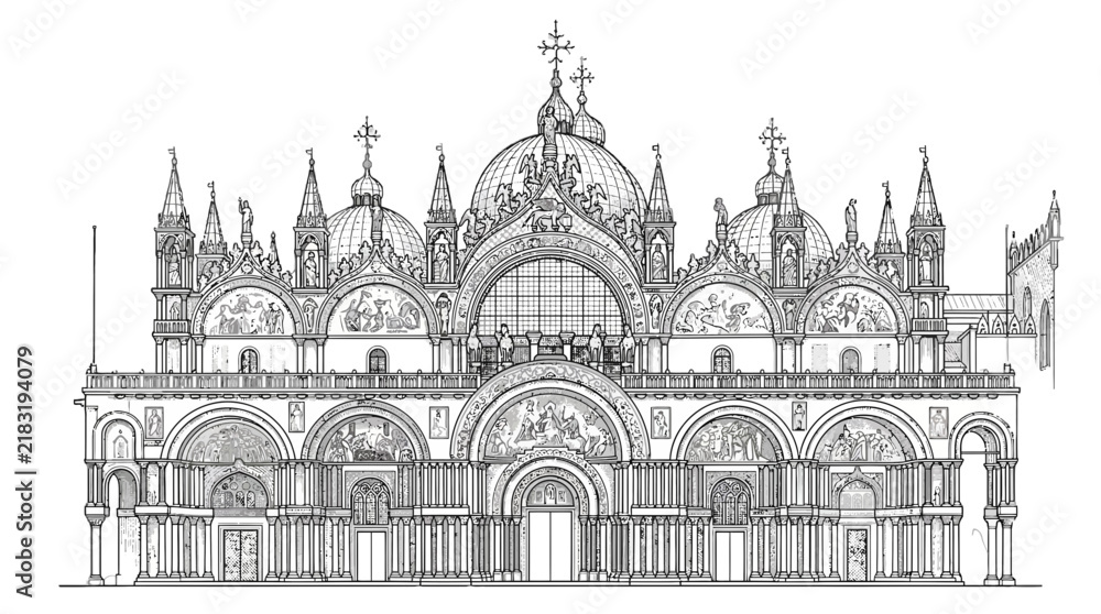 Obraz premium Detailed vector illustration of Saint Mark's Basilica in Venice showcasing intricate architectural features and ornate domes