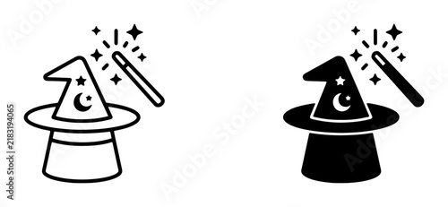 Fotografie Magic Hat and Wand Icons, Wizardry Symbols, Fantasy Elements, Enchantment Graphi