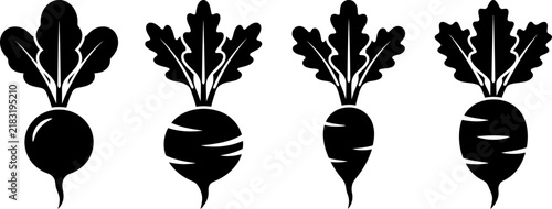 Beetroot and radish icon set featuring fresh root vegetable illustrations with leaves in black and white vector silhouette graphic design.
