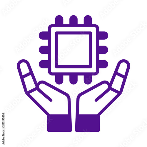 Obraz na plátně Purple outline icon of hands holding a computer microprocessor chip transparent