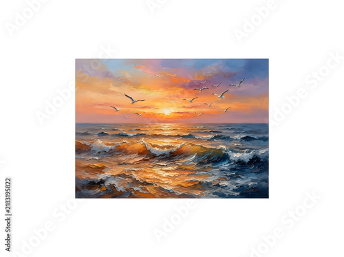 Seagulls flying over ocean waves at sunset with golden light and dramatic clouds