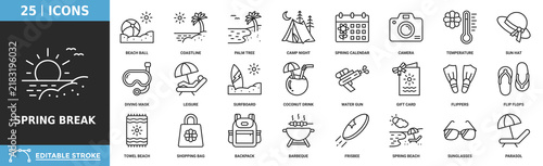 Spring break outline icon set. Editable stroke symbols containing beach ball, coastline, palm tree, camp night, spring calendar and more. 