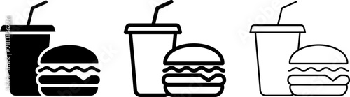 Vector graphic set features a classic fast food combo meal with a hamburger and soda drink in solid silhouette, bold outline, and thin line art icon styles