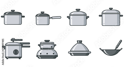 Obraz na plátně Set of kitchen cookware icons including pots, pans, and cooking utensils for foo