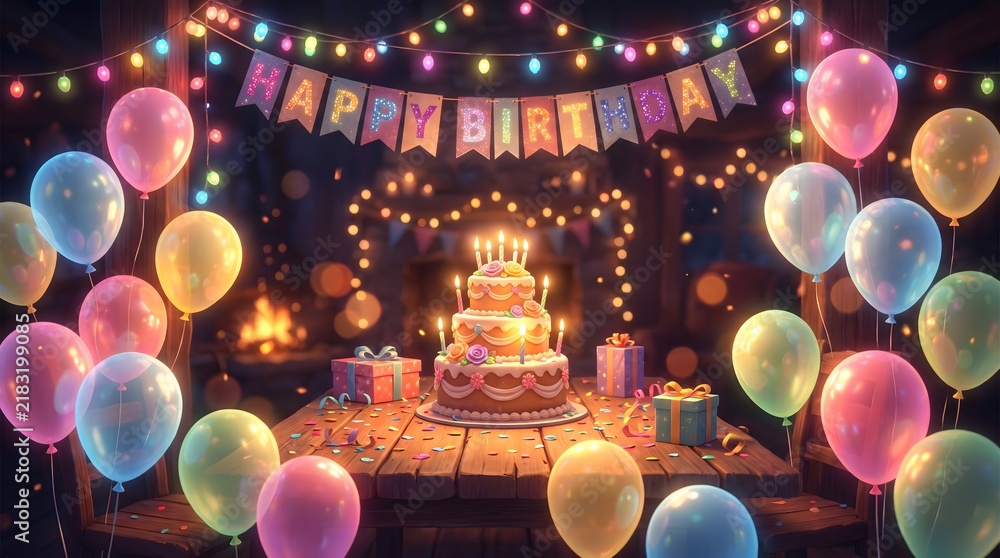 Naklejka premium Festive birthday party setup with a glowing cake colorful balloons and decorative string lights at night