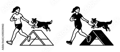 Dog Agility Training Vector Set: Woman Running with Dog Jumping Obstacle, Line Art and Silhouette Styles, Pet Sports Competition Icon