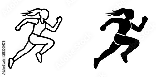 Running Woman Icon Set, Silhouette and Outline, Female Athlete Motion Graphics, Sprinting Female Vector Art, Athletic Woman Silhouette