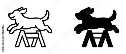 Dog Jumping Agility Hurdle, Silhouette and Outline Vector Icons, Pet Sports and Training Graphic Elements