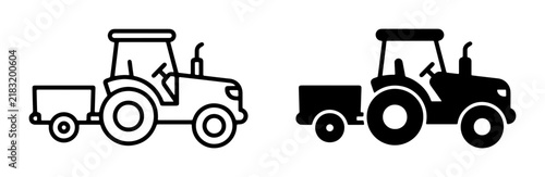 Tractor and Trailer Icons, Agricultural Vehicle Vector Graphics, Farm Machinery Symbols for Rural Industry and Transportation