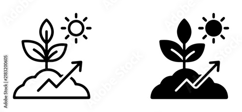 Growth Icons: Plant Sprout, Sun, and Upward Trend Arrow, Representing Business Growth, Agriculture, and Success Concepts