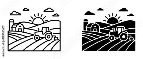 Farm Landscape Vector Icons: Tractor, Barn, Silo, Fields, Sun, Clouds. Agricultural Scene, Rural Countryside, Farming Operations, Harvest Season, Organic Food Production.