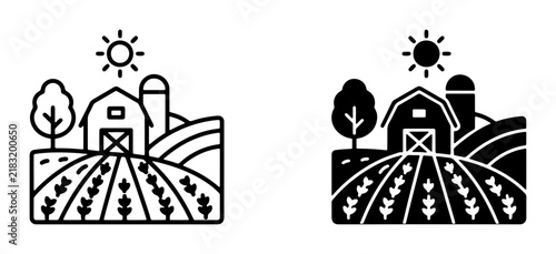 Farm Landscape Icons: Barn, Silo, Fields, and Sun. Rural Agriculture Vector Graphics for Countryside Concepts.