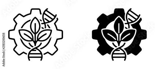 Biotechnology Icons: DNA Helix, Plant Growth, and Gear Mechanism, representing scientific innovation, genetic engineering, and industrial processes in a clean, modern vector graphic.