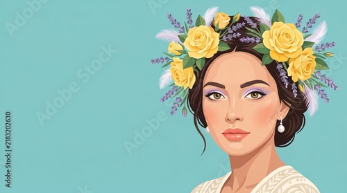 Young woman with floral crown and makeup on a turquoise background  