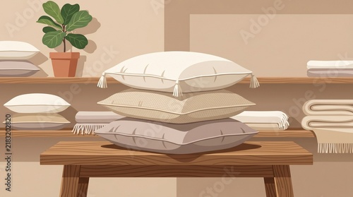 Decorative pillows stacked on a wooden table in a cozy setting  