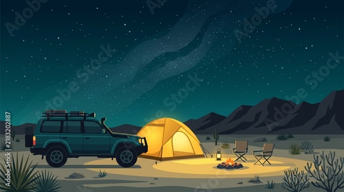 Camping in the desert with a tent, car, and stars at night  