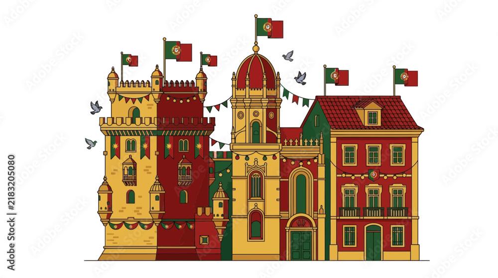 Naklejka premium European style historical buildings and towers with red green decorative flags