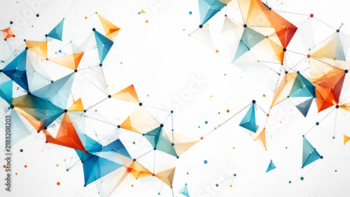 AI generated abstract polygon network translucent triangles nodes connecting lines teal blue orange red framing spacious white copy space for modern technology design