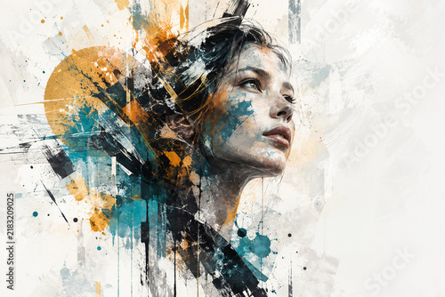 AI generated abstract woman portrait blending realistic facial detail teal gold black paint splashes expressive textures modern creative energy