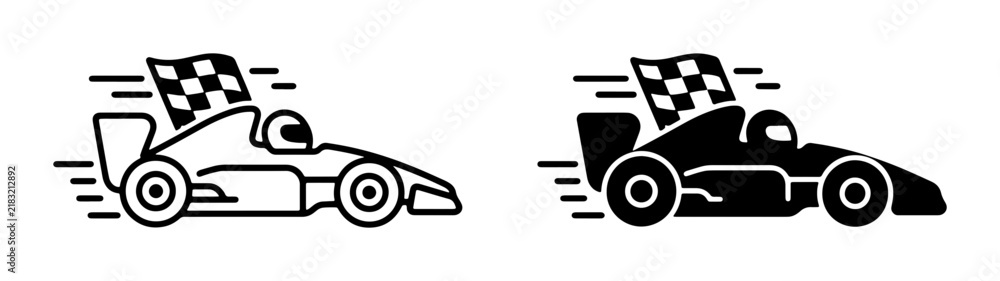 Obraz premium Racing car icon set, speed and victory symbols, Formula 1 race vector graphics, checkered flag and motion blur elements for sports and competition themes