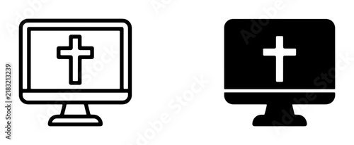 Computer Monitor with Christian Cross Icon, Digital Faith, Online Worship, Religious Technology, Sacred Screen Display, Two Icon Styles