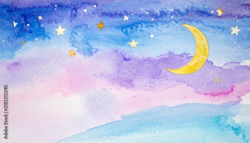 Pastel Watercolor Night Sky with Crescent Moon and Stars